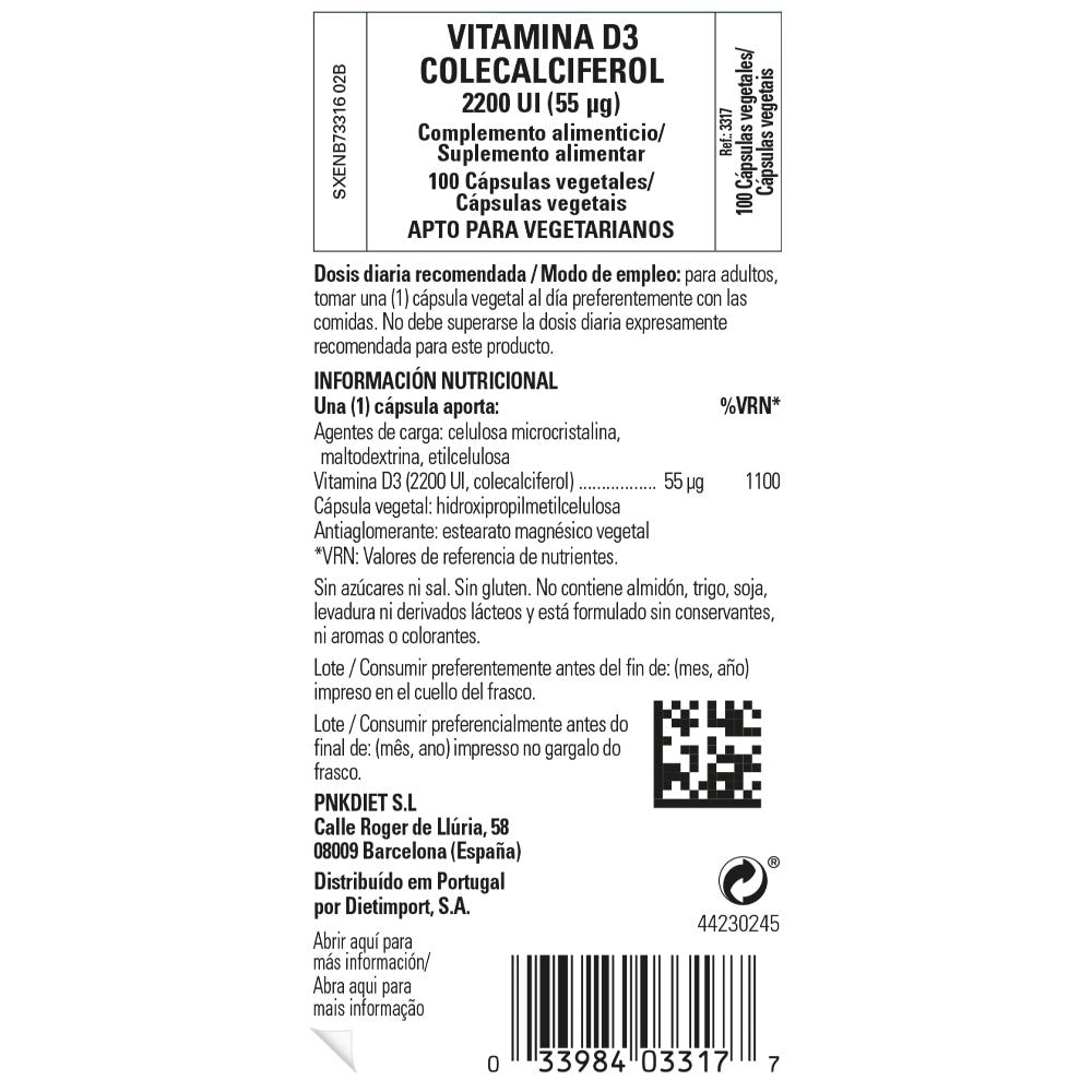 Solgar Vitamina D3 2200 UI (55 µg), 100 cápsulas vegetales: etiqueta con ingredientes y modo de empleo