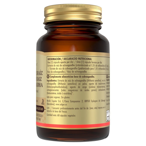 Solgar Ashwagandha Extracto de Raíz, 60 cápsulas vegetales: etiqueta con ingredientes y modo de empleo