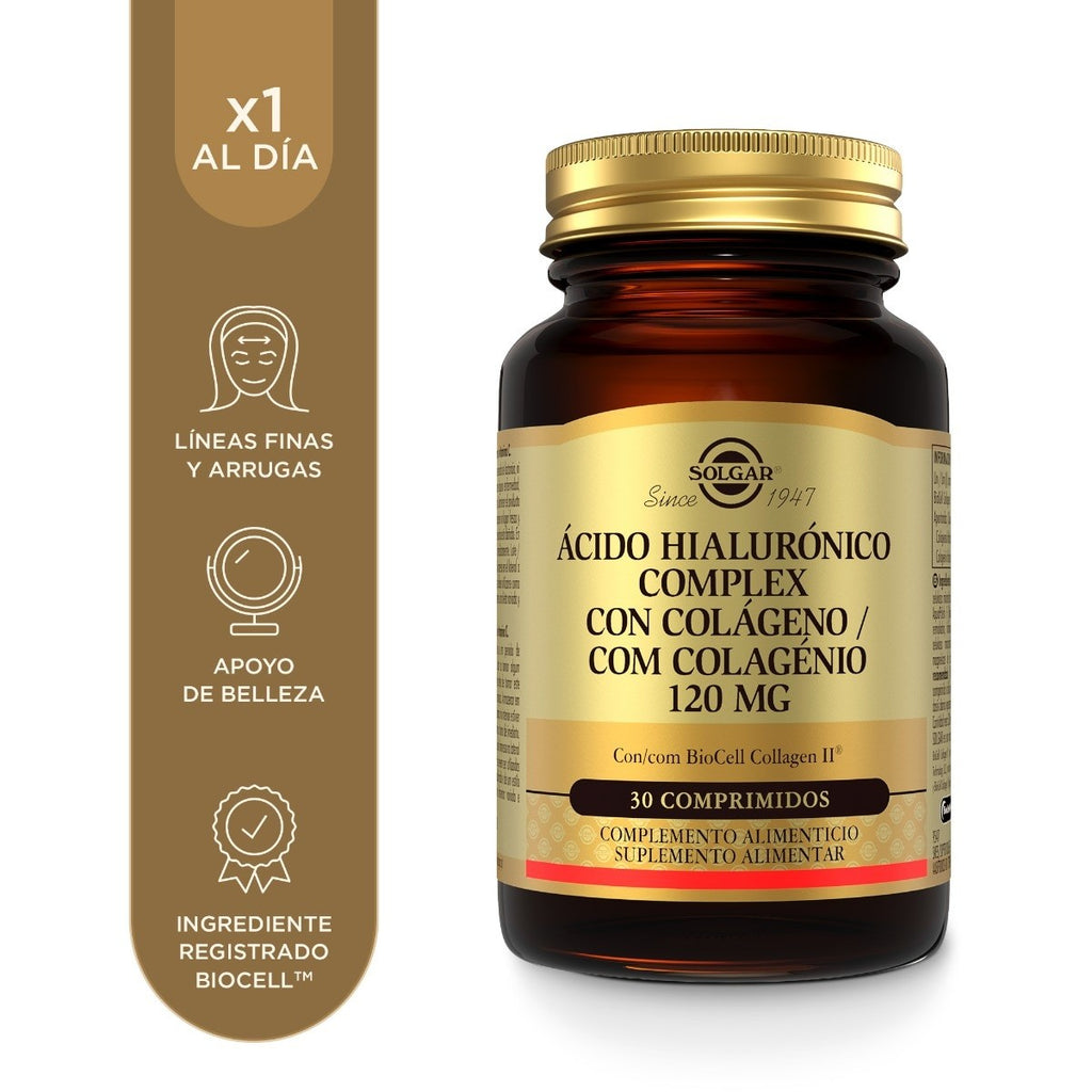 Solgar Ácido Hialurónico Complex con Colágeno 120 mg, 30 comprimidos: envase, vista frontal