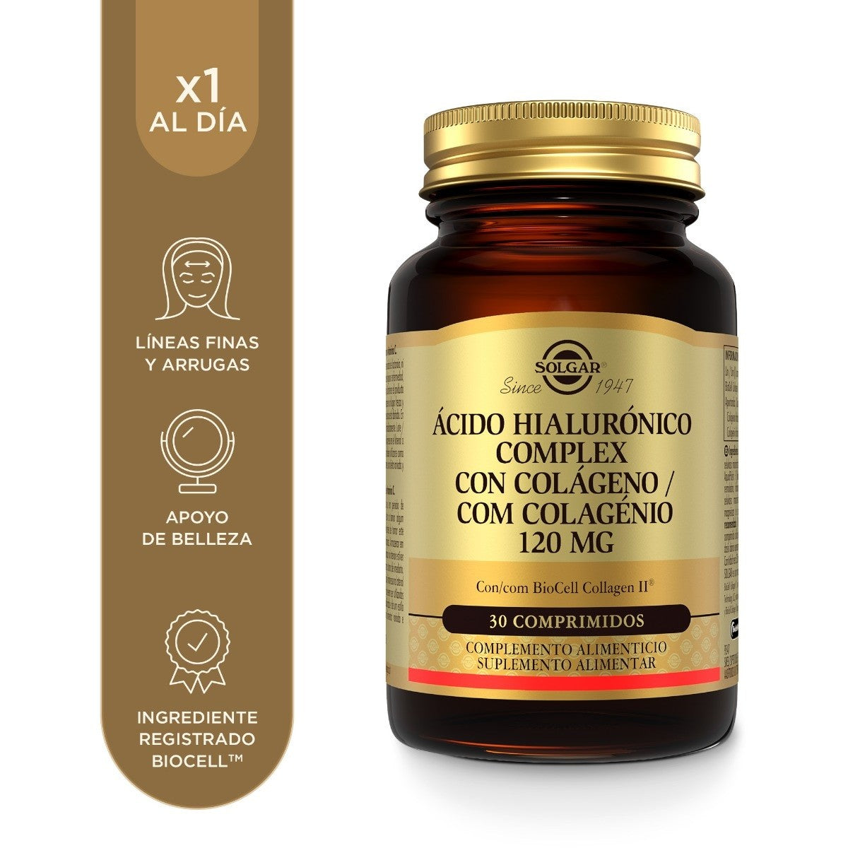 Solgar Ácido Hialurónico Complex con Colágeno 120 mg, 30 comprimidos: envase, vista frontal