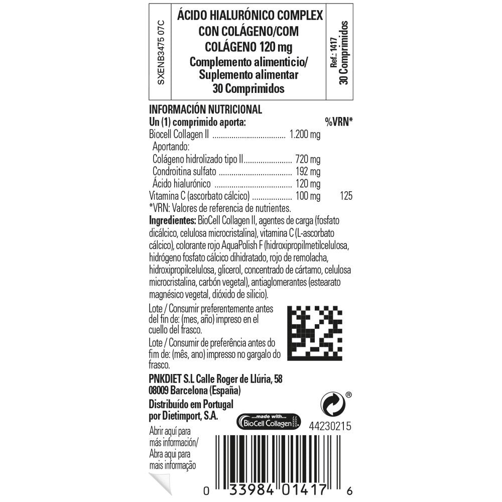 Solgar Ácido Hialurónico Complex con Colágeno 120 mg, 30 comprimidos: etiqueta con ingredientes y modo de empleo