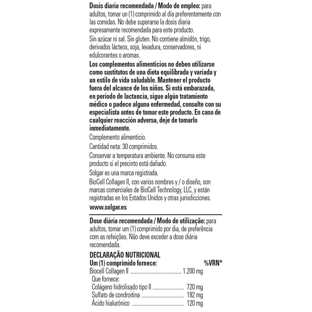 Solgar Ácido Hialurónico Complex con Colágeno 120 mg, 30 comprimidos: detalle del etiquetado, información adicional