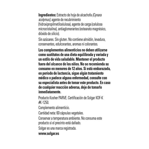 Solgar Alcachofa Extracto de Hoja, 60 cápsulas vegetales: etiqueta con ingredientes y modo de empleo