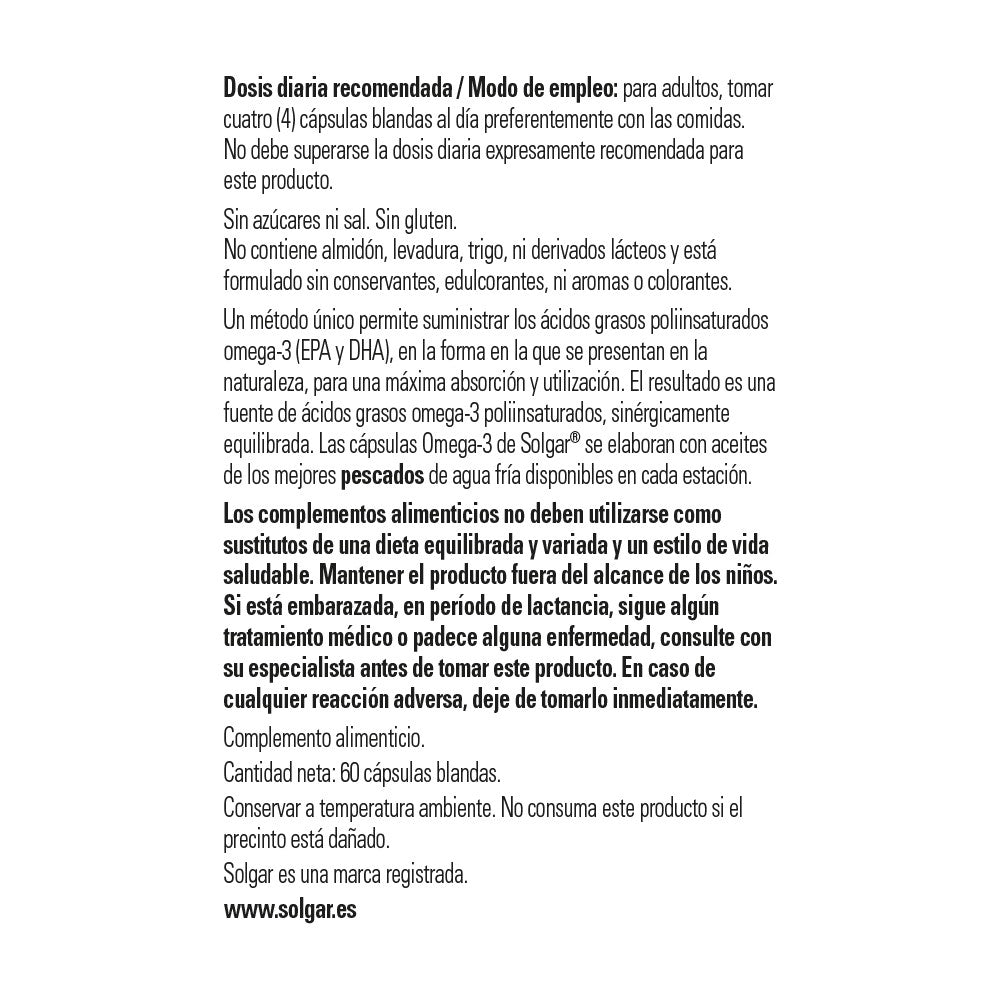 Solgar Omega-3 Alta Concentración, 60 perlas: detalle del envase y etiquetado, vista lateral