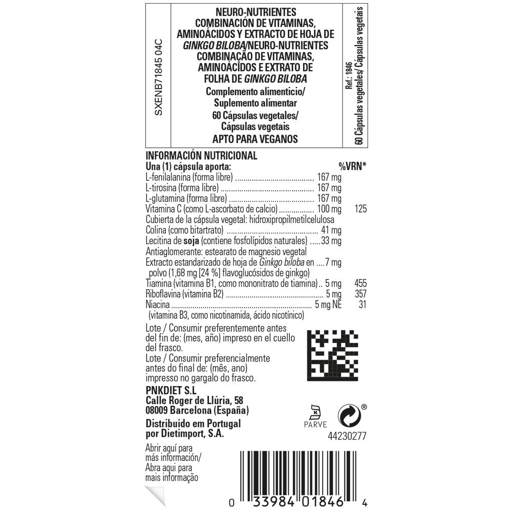 Solgar Neuro Nutrientes, 60 cápsulas vegetales: etiqueta con ingredientes y modo de empleo