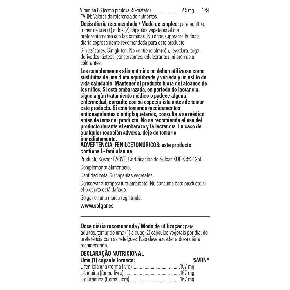Solgar Neuro Nutrientes, 60 cápsulas vegetales: detalle del envase y etiquetado, vista lateral