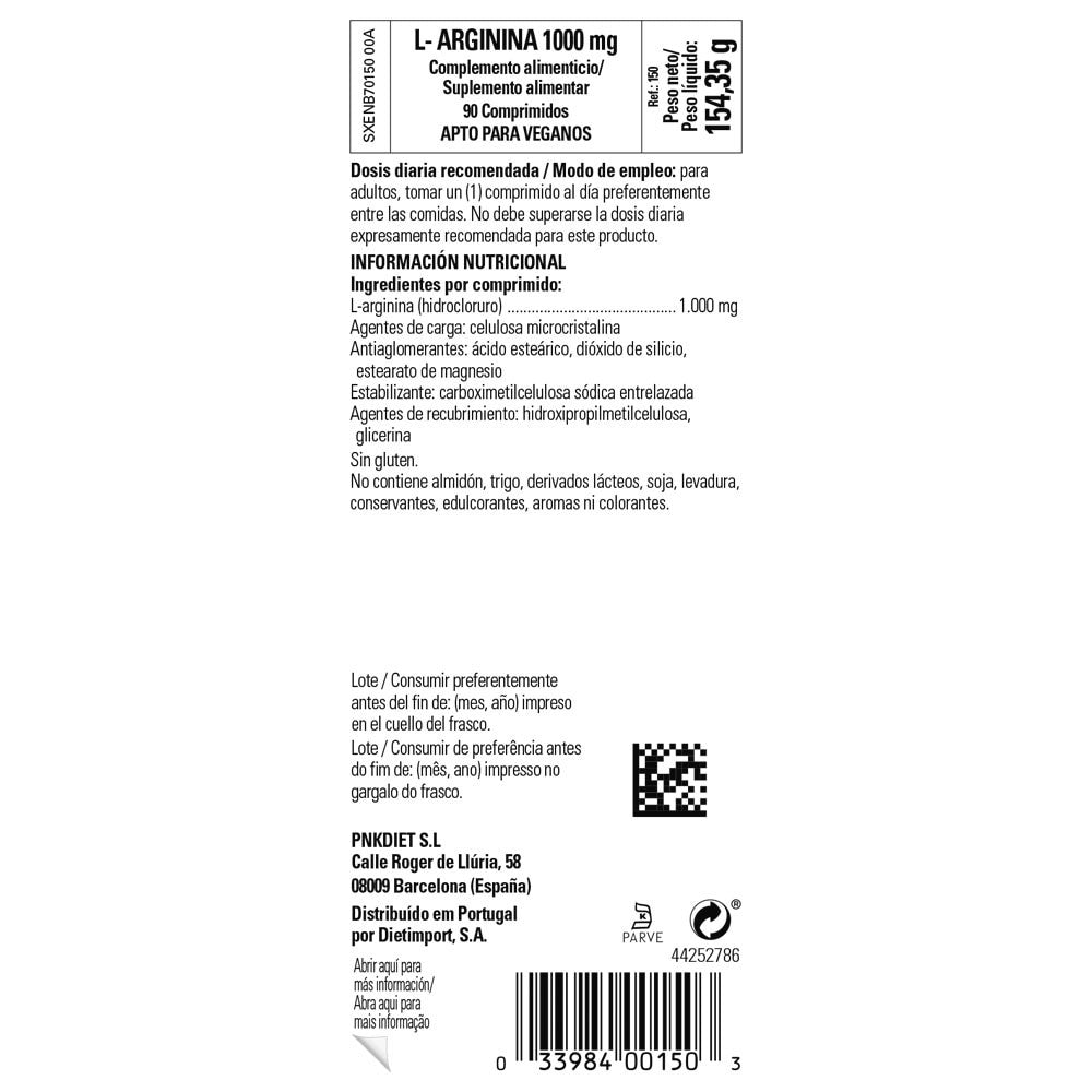 Solgar L-Arginina 1000 mg, 90 comprimidos: etiqueta con ingredientes y modo de empleo