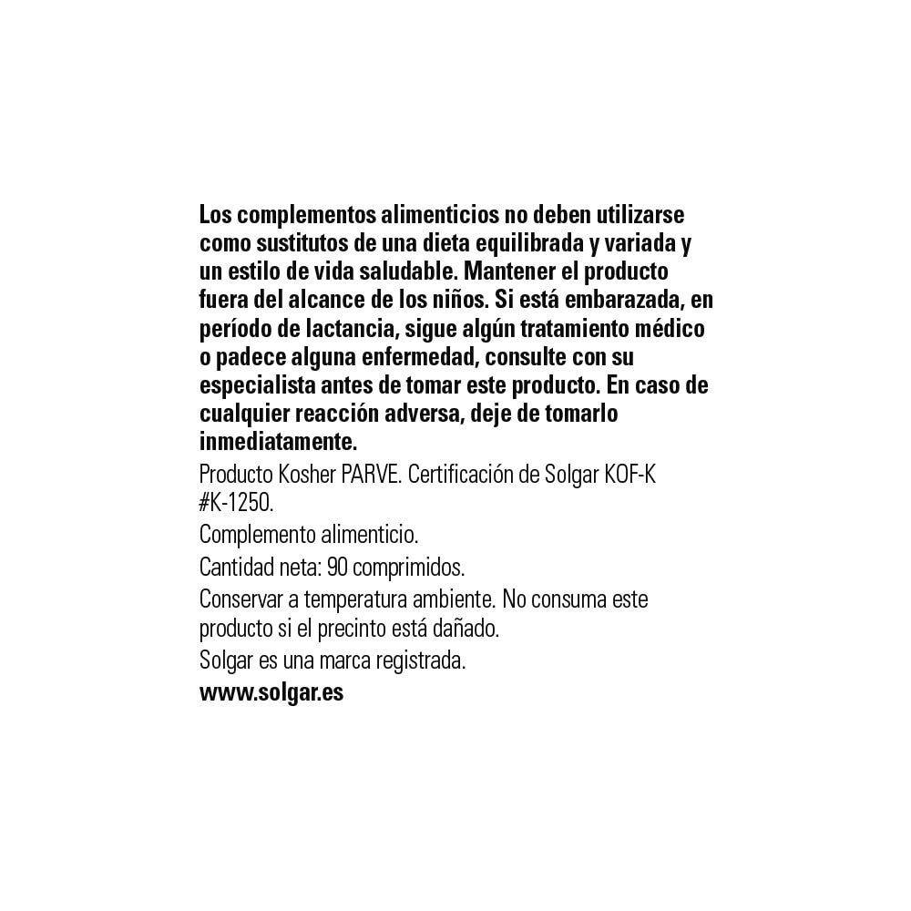 Solgar L-Arginina 1000 mg, 90 comprimidos: detalle del envase y etiquetado, vista lateral