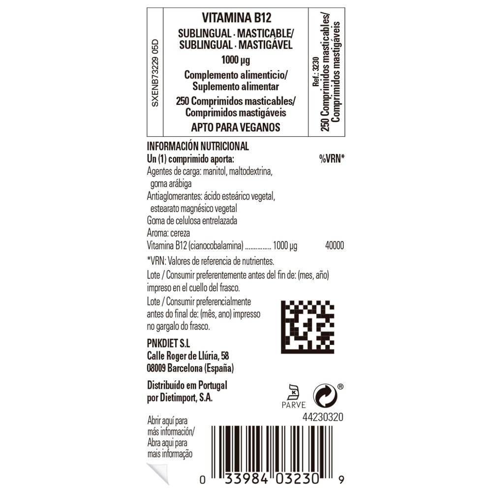 Solgar Vitamina B12 1000 µg, 250 comprimidos masticables: etiqueta con ingredientes y modo de empleo