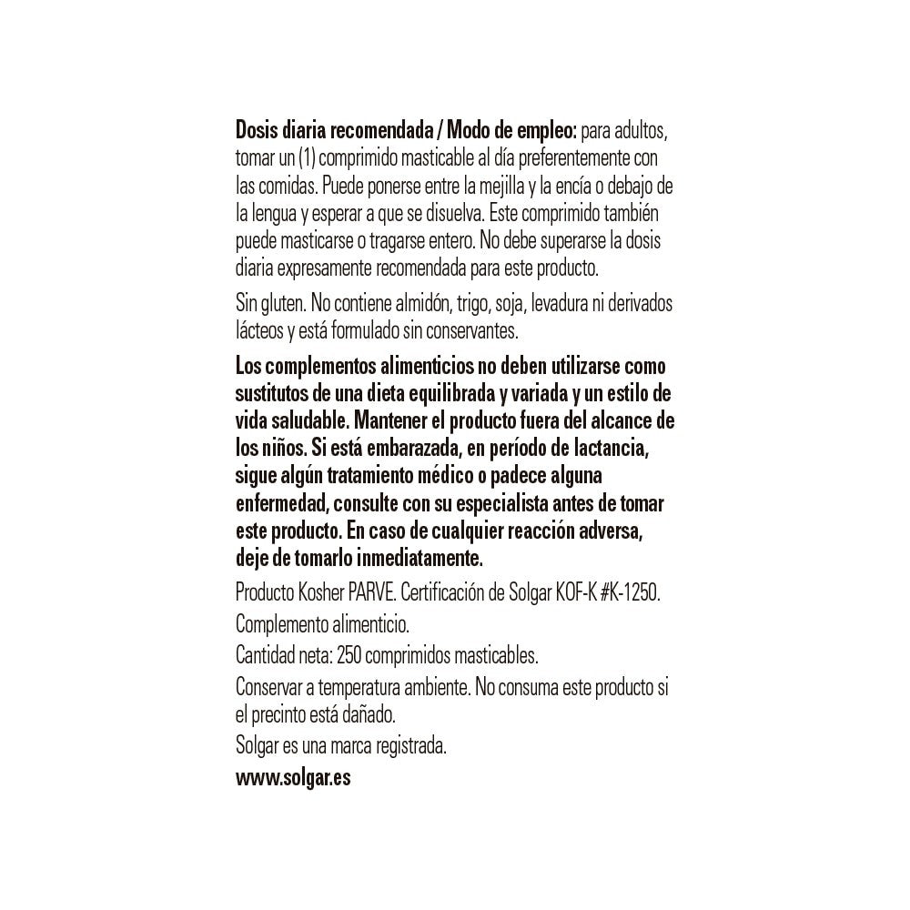 Solgar Vitamina B12 1000 µg, 250 comprimidos masticables: detalle del envase y etiquetado, vista lateral