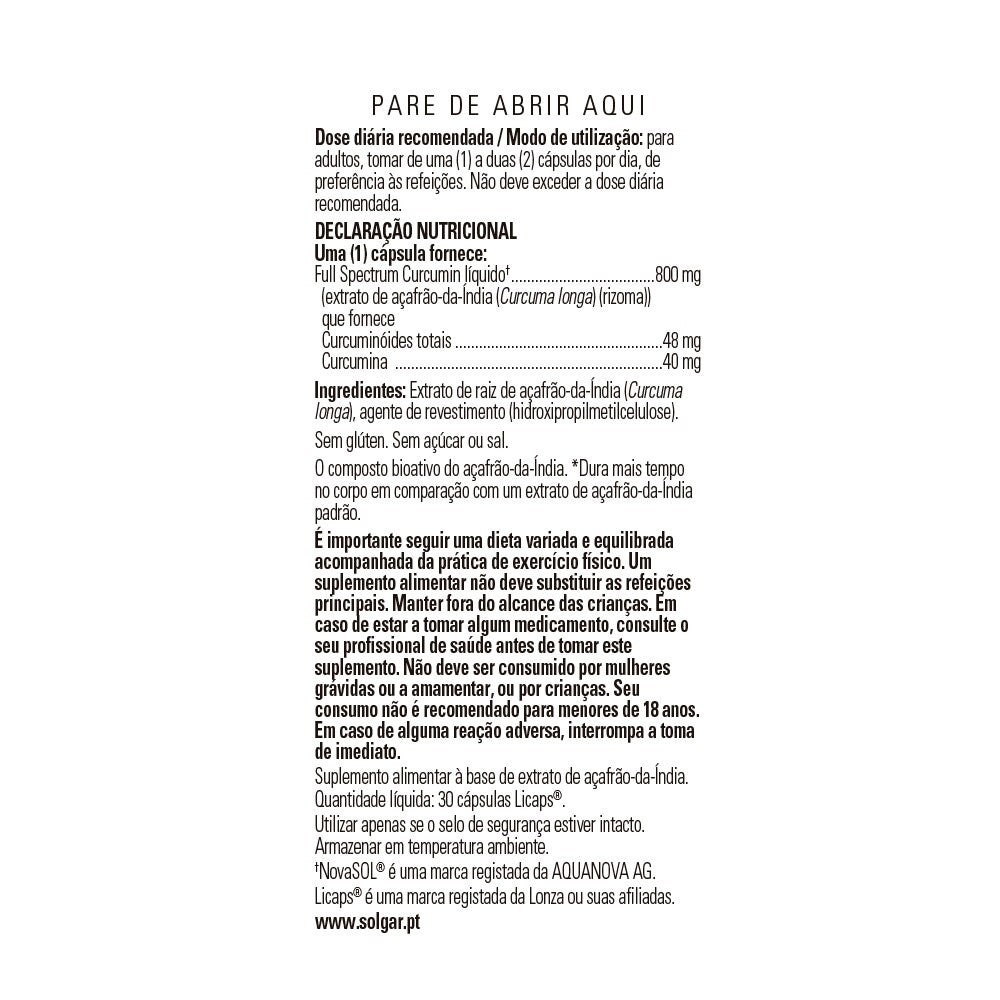 Solgar Full Spectrum Cúrcuma, 30 cápsulas: detalle del envase y etiquetado, vista lateral