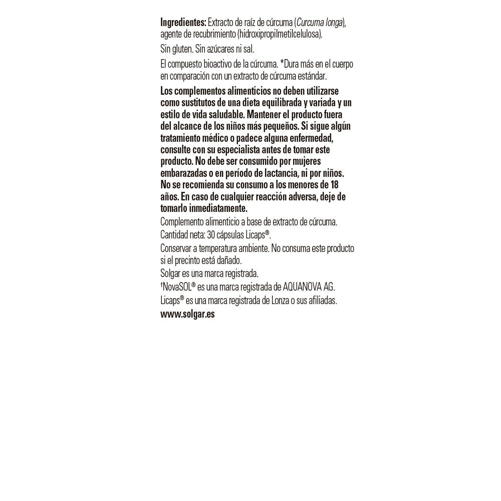 Solgar Full Spectrum Cúrcuma, 30 cápsulas: detalle del etiquetado, información adicional