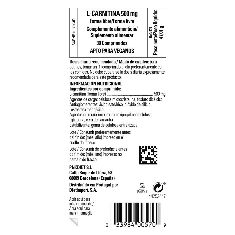 Solgar L-Carnitina 500 mg, 30 comprimidos: etiqueta con ingredientes y modo de empleo