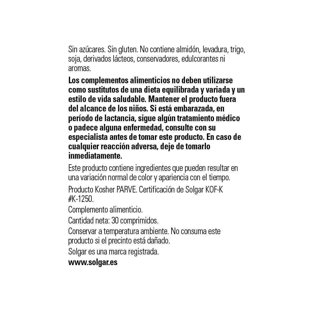 Solgar L-Carnitina 500 mg, 30 comprimidos: detalle del envase y etiquetado, vista lateral