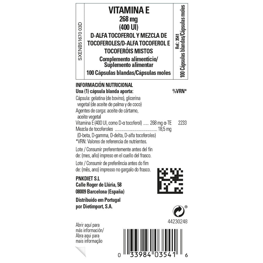 Solgar Vitamina E 400 UI (268 mg), 100 perlas: etiqueta con ingredientes y modo de empleo