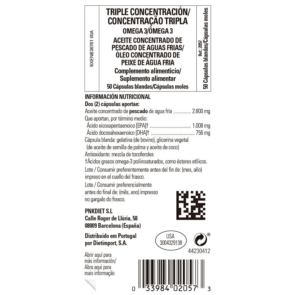 Solgar Omega-3 Triple Concentración, 50 perlas: etiqueta con ingredientes y modo de empleo