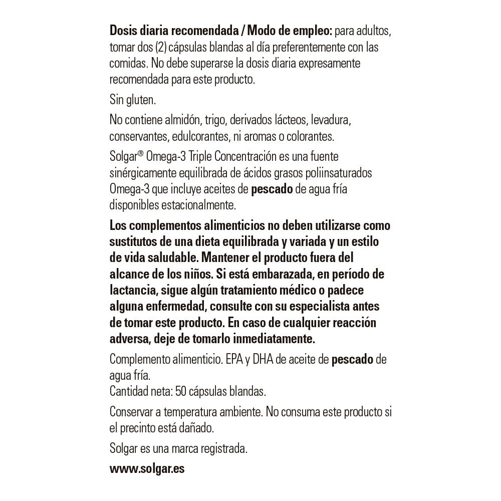 Solgar Omega-3 Triple Concentración, 50 perlas: detalle del envase y etiquetado, vista lateral