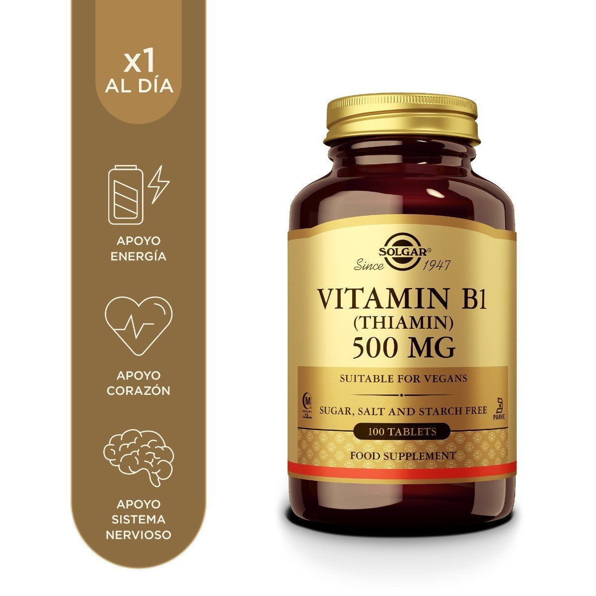 Solgar Vitamina B1 500 mg, 100 comprimidos: envase, vista frontal