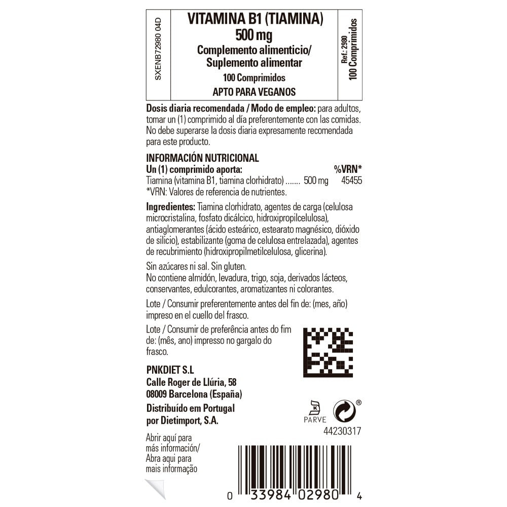 Solgar Vitamina B1 500 mg, 100 comprimidos: etiqueta con ingredientes y modo de empleo