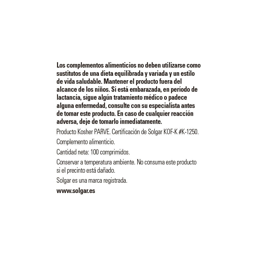 Solgar Vitamina B1 500 mg, 100 comprimidos: detalle del envase y etiquetado, vista lateral