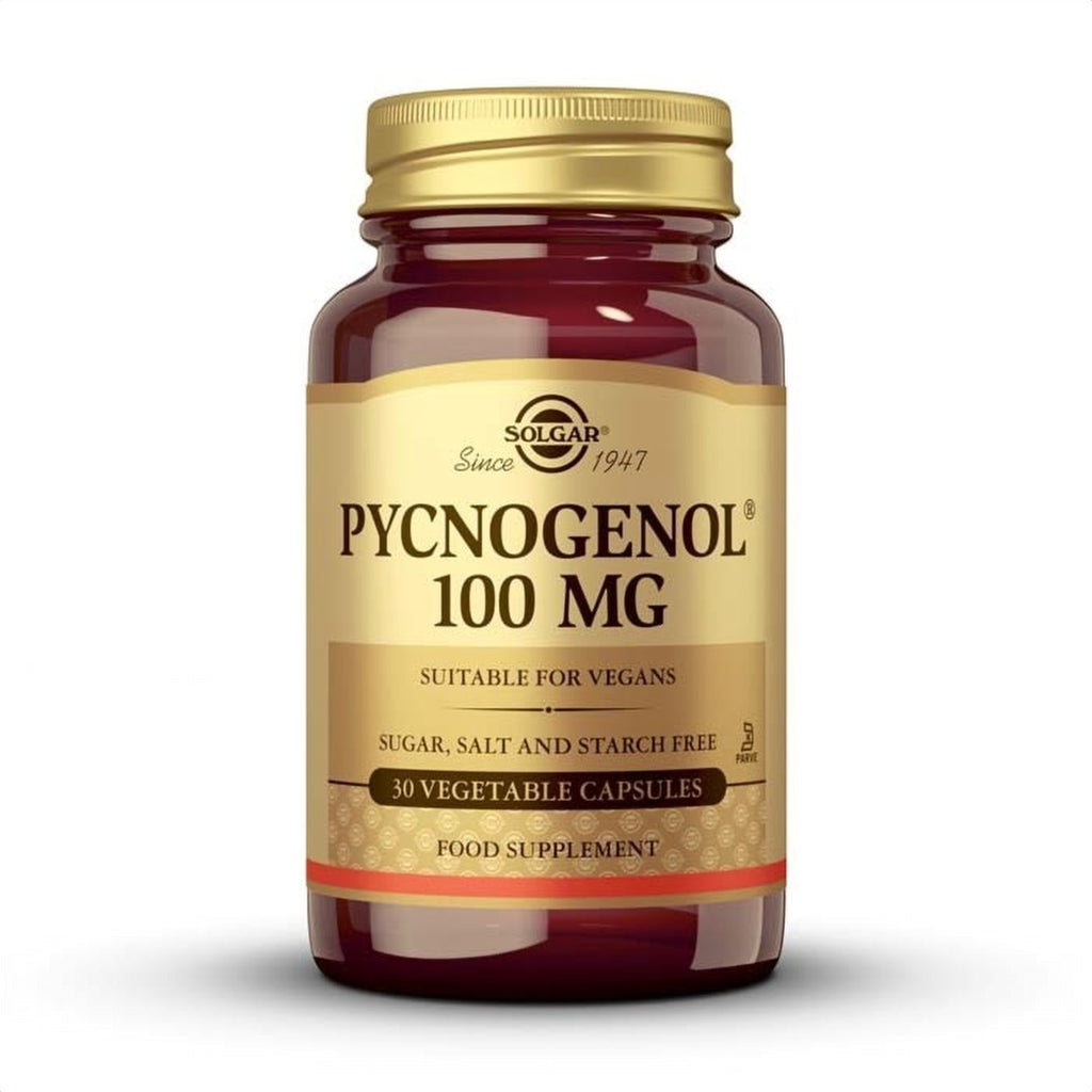 Solgar Pycnogenol® Extracto de Corteza de Pino 100 mg, 30 cápsulas vegetales: envase, vista frontal