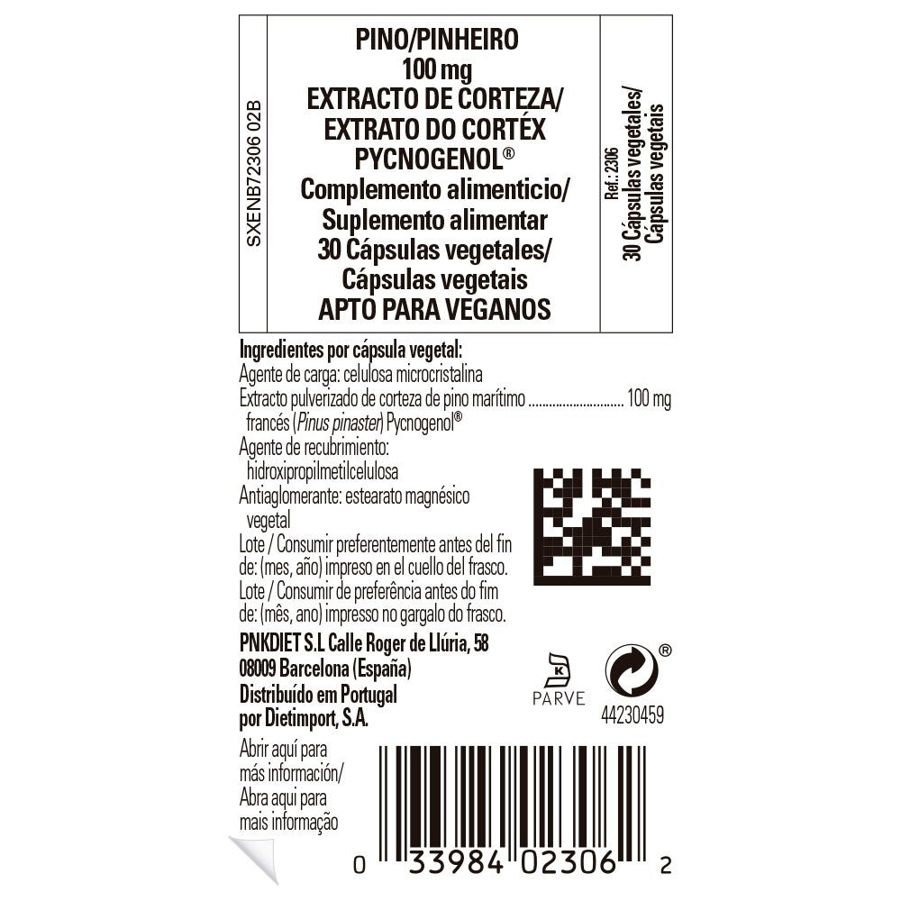 Solgar Pycnogenol® Extracto de Corteza de Pino 100 mg, 30 cápsulas vegetales: etiqueta con ingredientes y modo de empleo