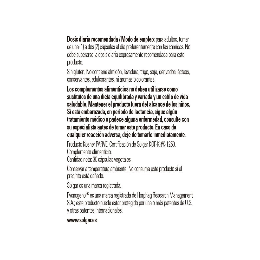 Solgar Pycnogenol® Extracto de Corteza de Pino 100 mg, 30 cápsulas vegetales: detalle del envase y etiquetado, vista lateral