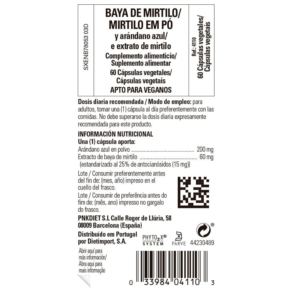 Solgar Baya de Mirtilo y Arándano Azul, 60 cápsulas vegetales: etiqueta con ingredientes y modo de empleo
