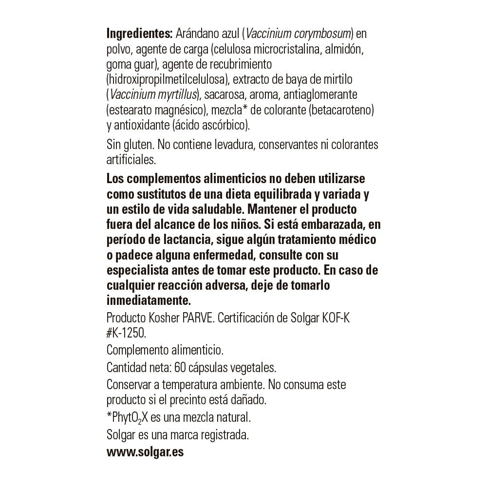 Solgar Baya de Mirtilo y Arándano Azul, 60 cápsulas vegetales: detalle del envase y etiquetado, vista lateral