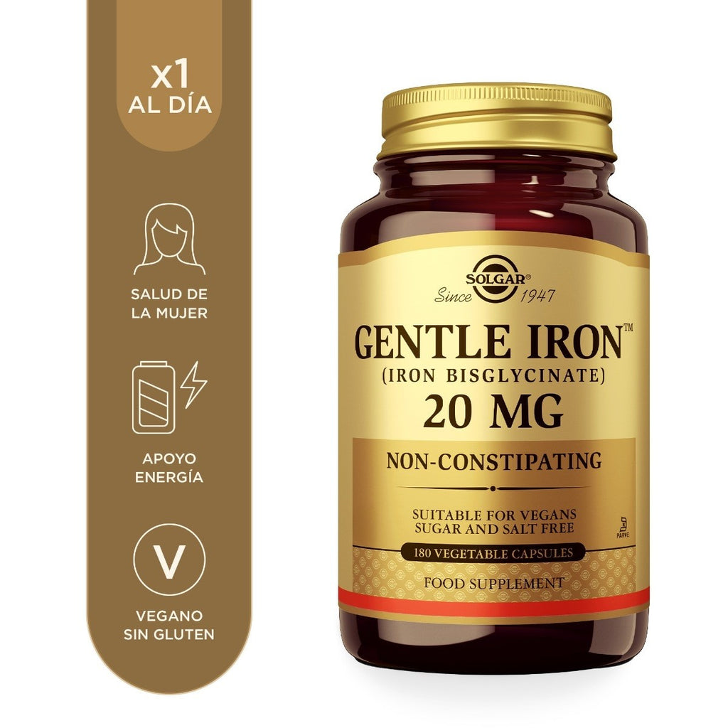 Solgar Hierro Gentle™ 20 mg, 180 cápsulas vegetales: envase, vista frontal