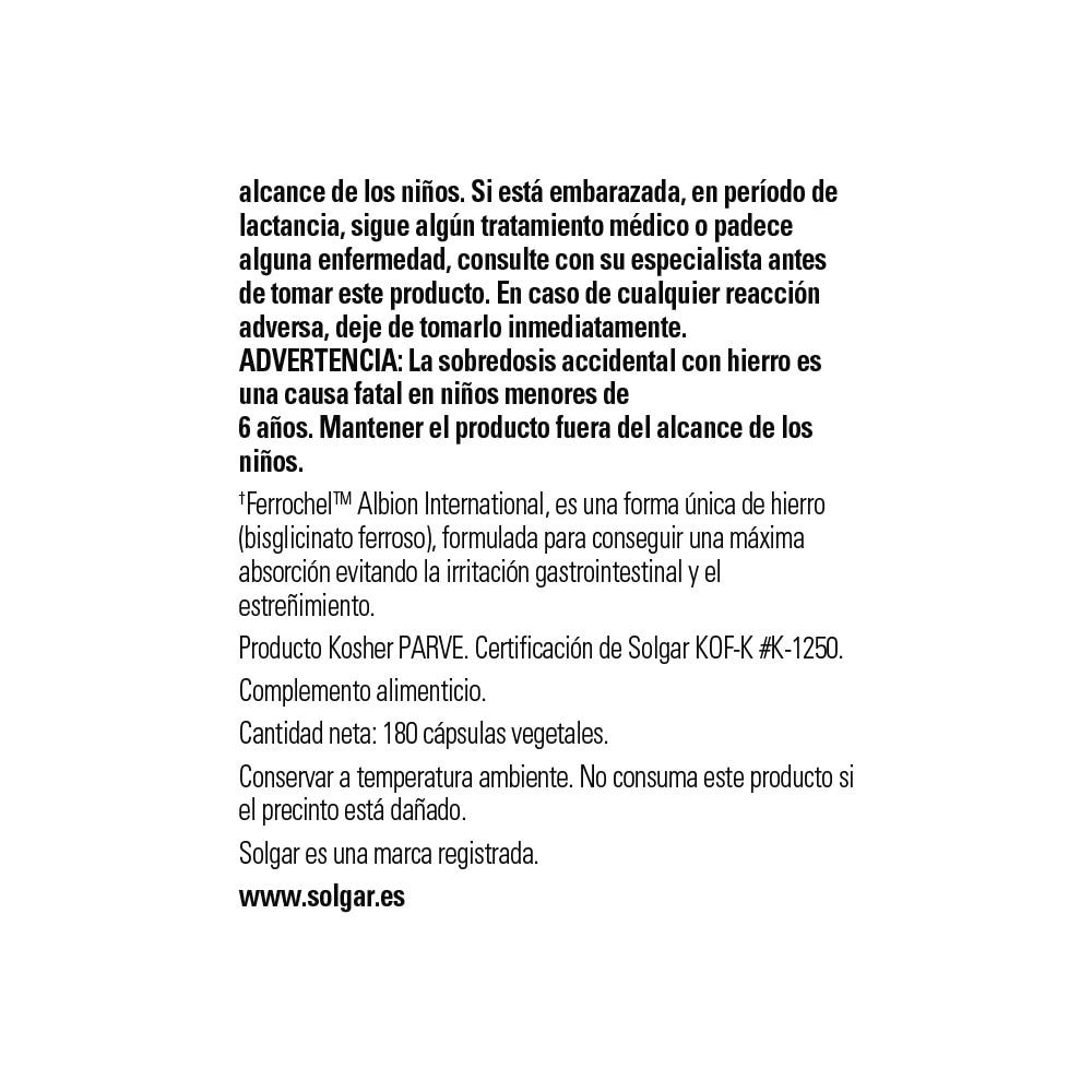 Solgar Hierro Gentle™ 20 mg, 180 cápsulas vegetales: etiqueta con ingredientes y modo de empleo