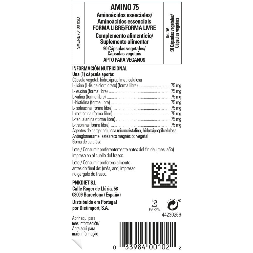 Solgar Amino 75 Aminoácidos Esenciales, 90 cápsulas vegetales: etiqueta con ingredientes y modo de empleo