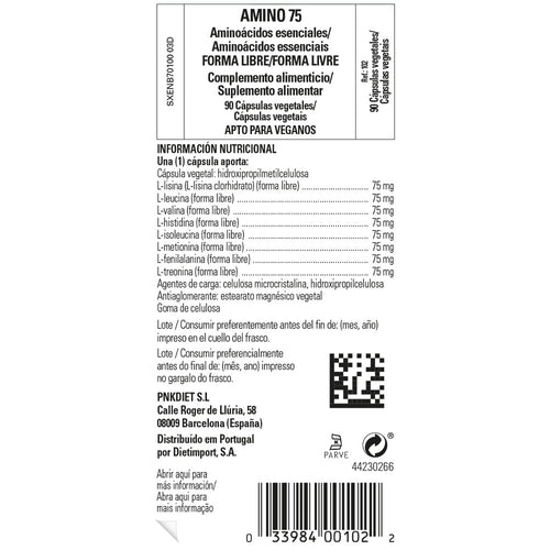 Solgar Amino 75 Aminoácidos Esenciales, 90 cápsulas vegetales: etiqueta con ingredientes y modo de empleo