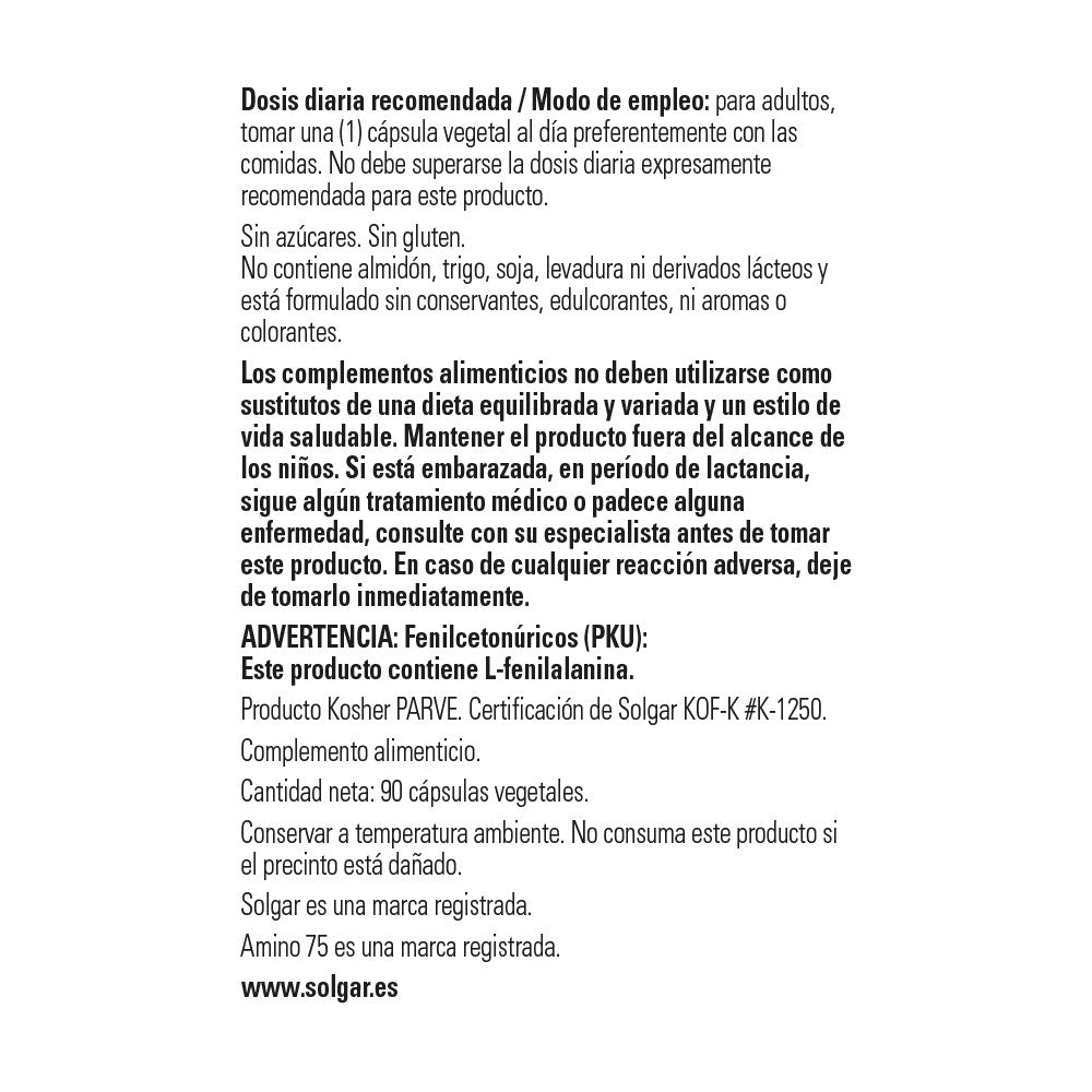 Solgar Amino 75 Aminoácidos Esenciales, 90 cápsulas vegetales: detalle del envase y etiquetado, vista lateral