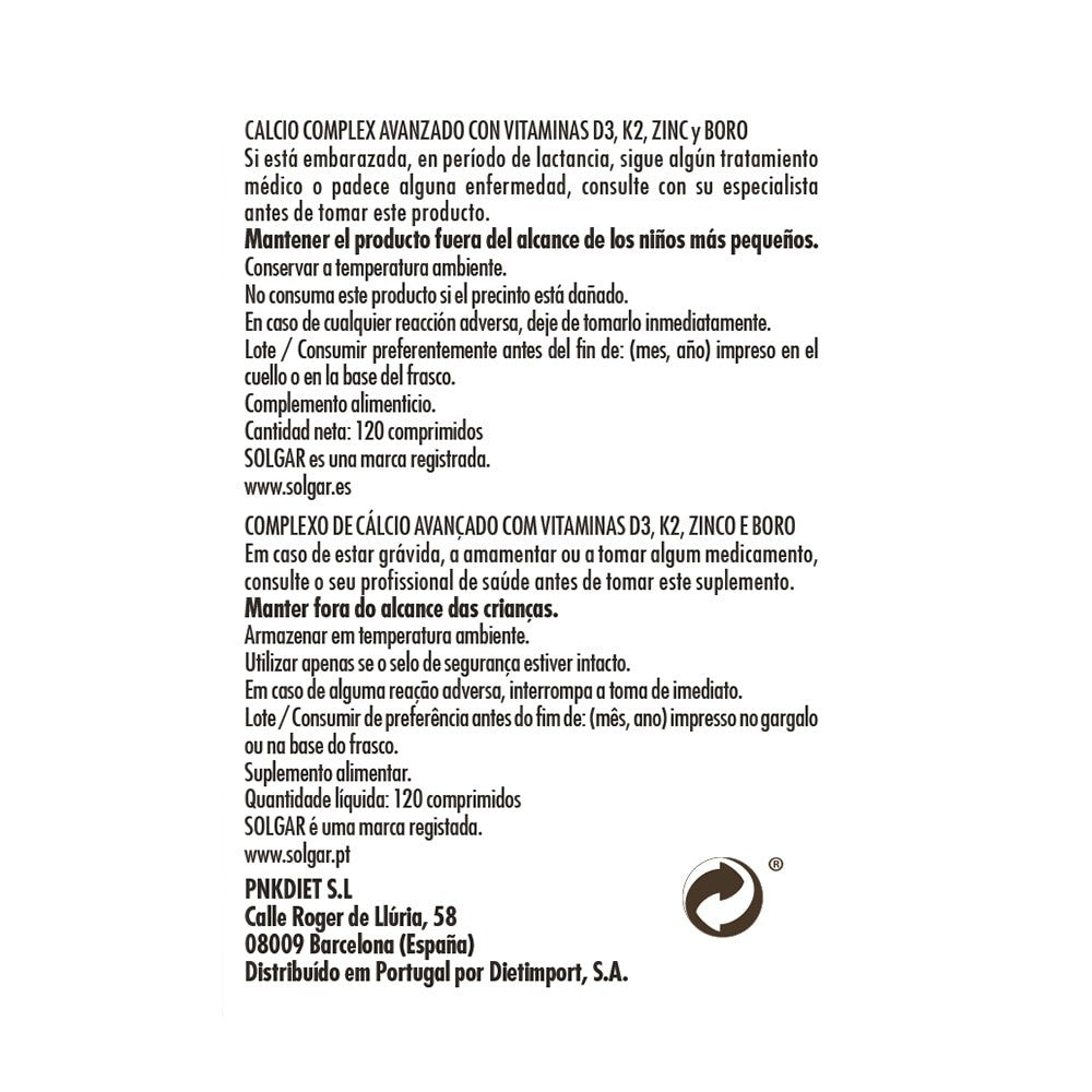 Solgar Ultimate Bone Support, 120 comprimidos: detalle del etiquetado, información adicional