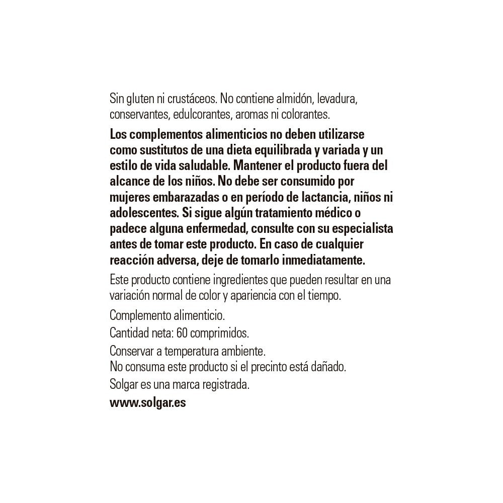 Solgar Glucosamina, Condroitina y MSM, 60 comprimidos: detalle del envase y etiquetado, vista lateral