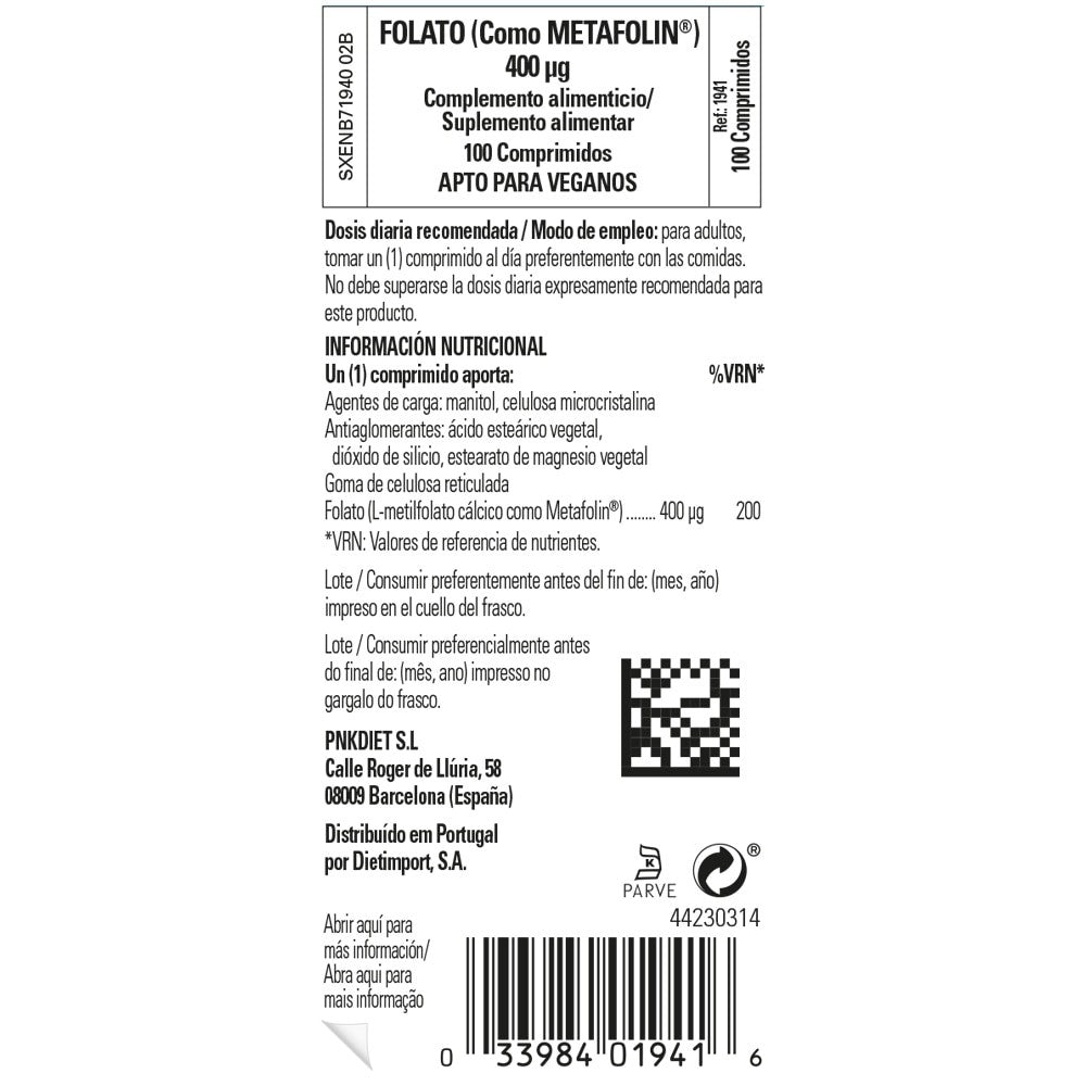 Solgar Folato 400 µg (Metafolin®), 100 comprimidos: etiqueta con ingredientes y modo de empleo