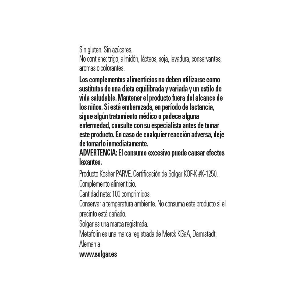 Solgar Folato 400 µg (Metafolin®), 100 comprimidos: detalle del envase y etiquetado, vista lateral