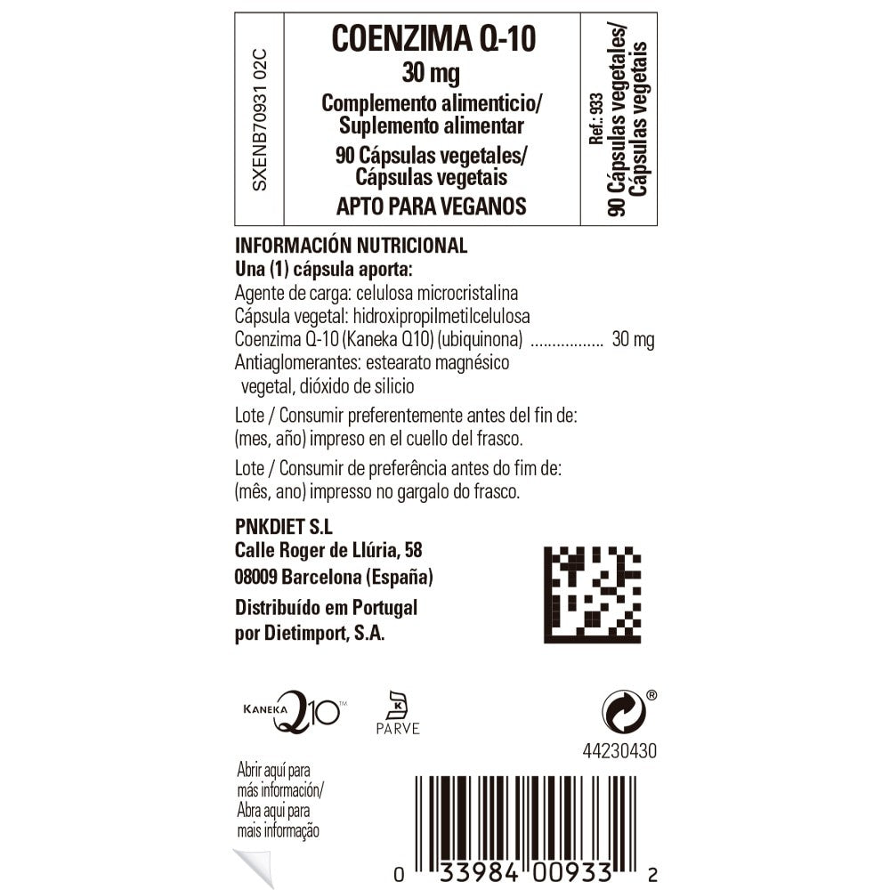Solgar Coenzima Q-10 30 mg, 90 cápsulas vegetales: etiqueta con ingredientes y modo de empleo