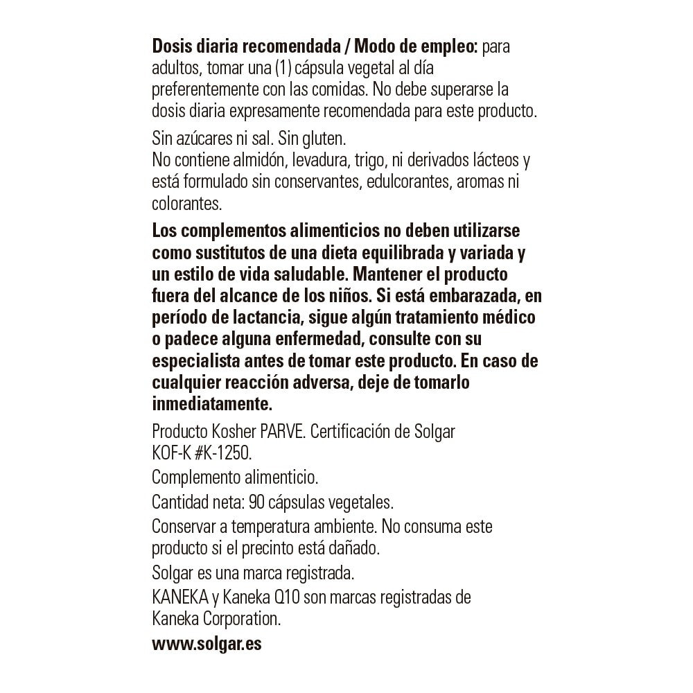 Solgar Coenzima Q-10 30 mg, 90 cápsulas vegetales: detalle del envase y etiquetado, vista lateral