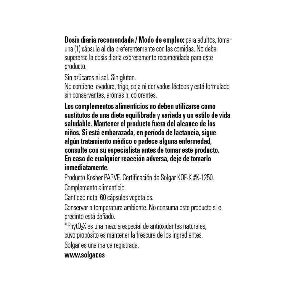 Solgar Cardo María Extracto de Hierba, 60 cápsulas vegetales: detalle del envase y etiquetado, vista lateral