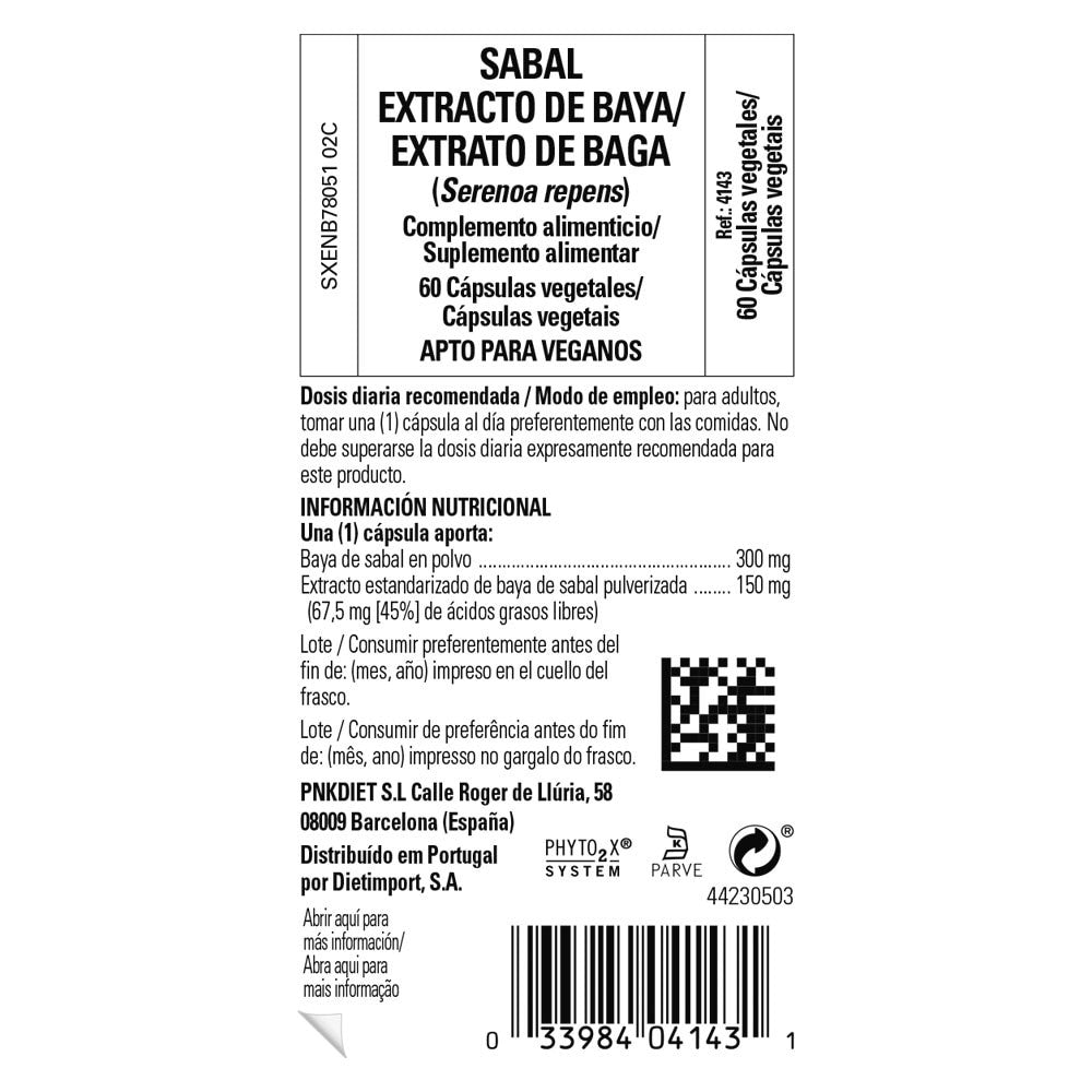Solgar Sabal Extracto de Baya, 60 cápsulas vegetales: etiqueta con ingredientes y modo de empleo