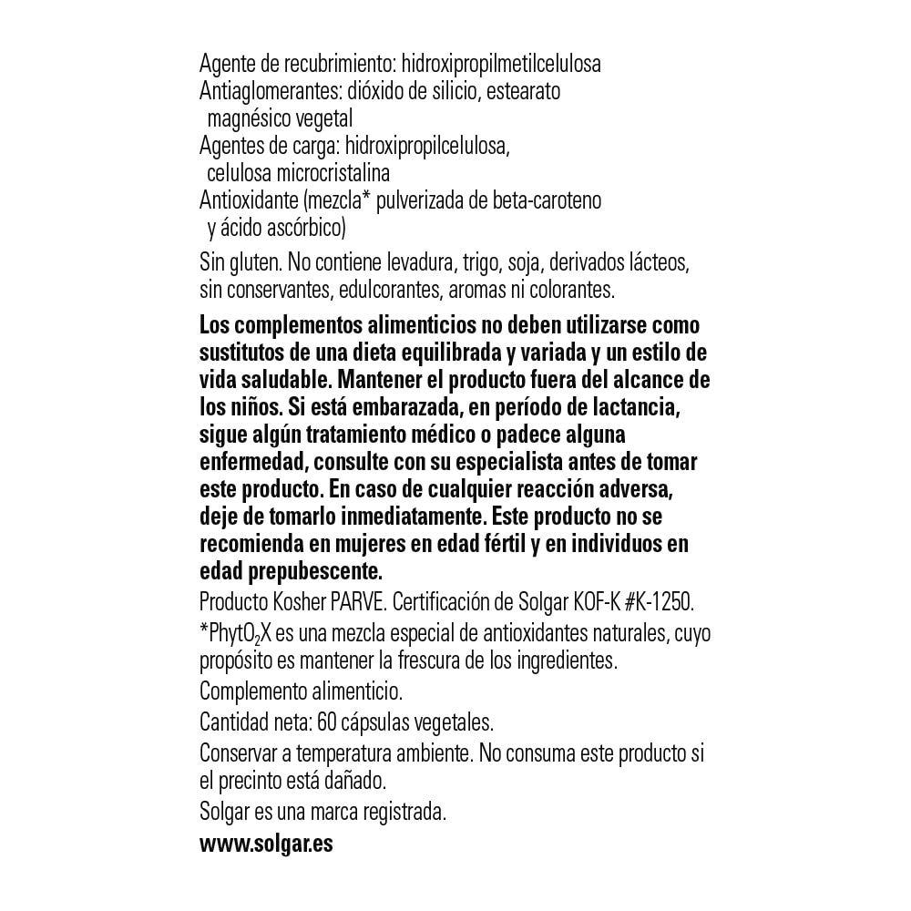 Solgar Sabal Extracto de Baya, 60 cápsulas vegetales: detalle del envase y etiquetado, vista lateral