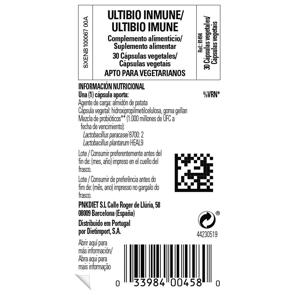 Solgar Ultibio Inmune, 30 cápsulas vegetales: etiqueta con ingredientes y modo de empleo