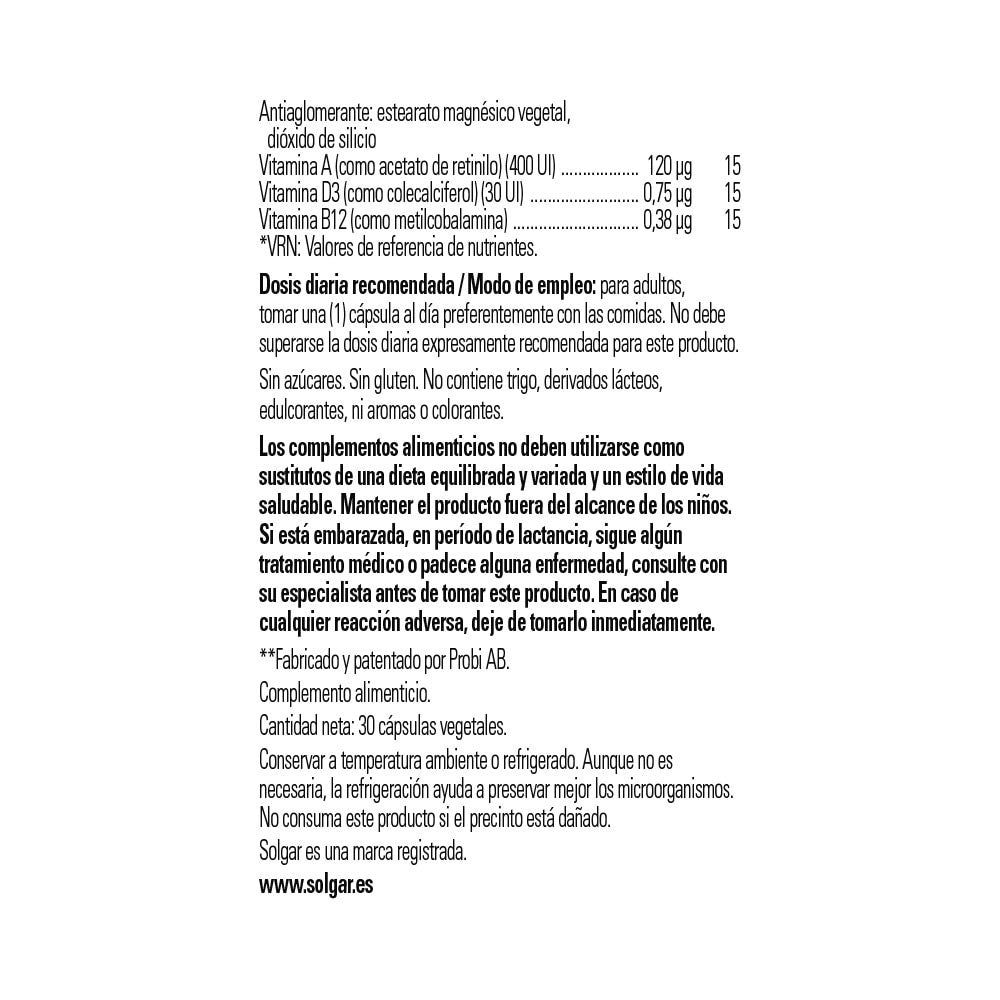 Solgar Ultibio Inmune, 30 cápsulas vegetales: detalle del envase y etiquetado, vista lateral