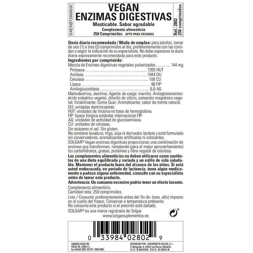 Solgar Vegan Enzimas Digestivas, 250 comprimidos masticables: etiqueta con ingredientes y modo de empleo