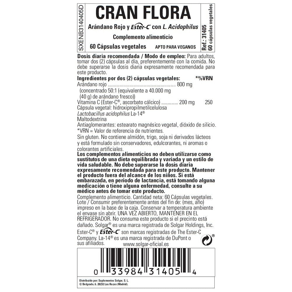 Solgar Cran Flora, 60 cápsulas vegetales: etiqueta con ingredientes y modo de empleo
