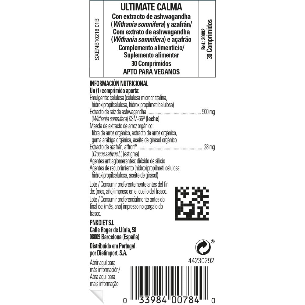 Solgar Ultimate Calma Ashwagandha KSM-66® y Azafrán, 30 comprimidos: etiqueta con ingredientes y modo de empleo