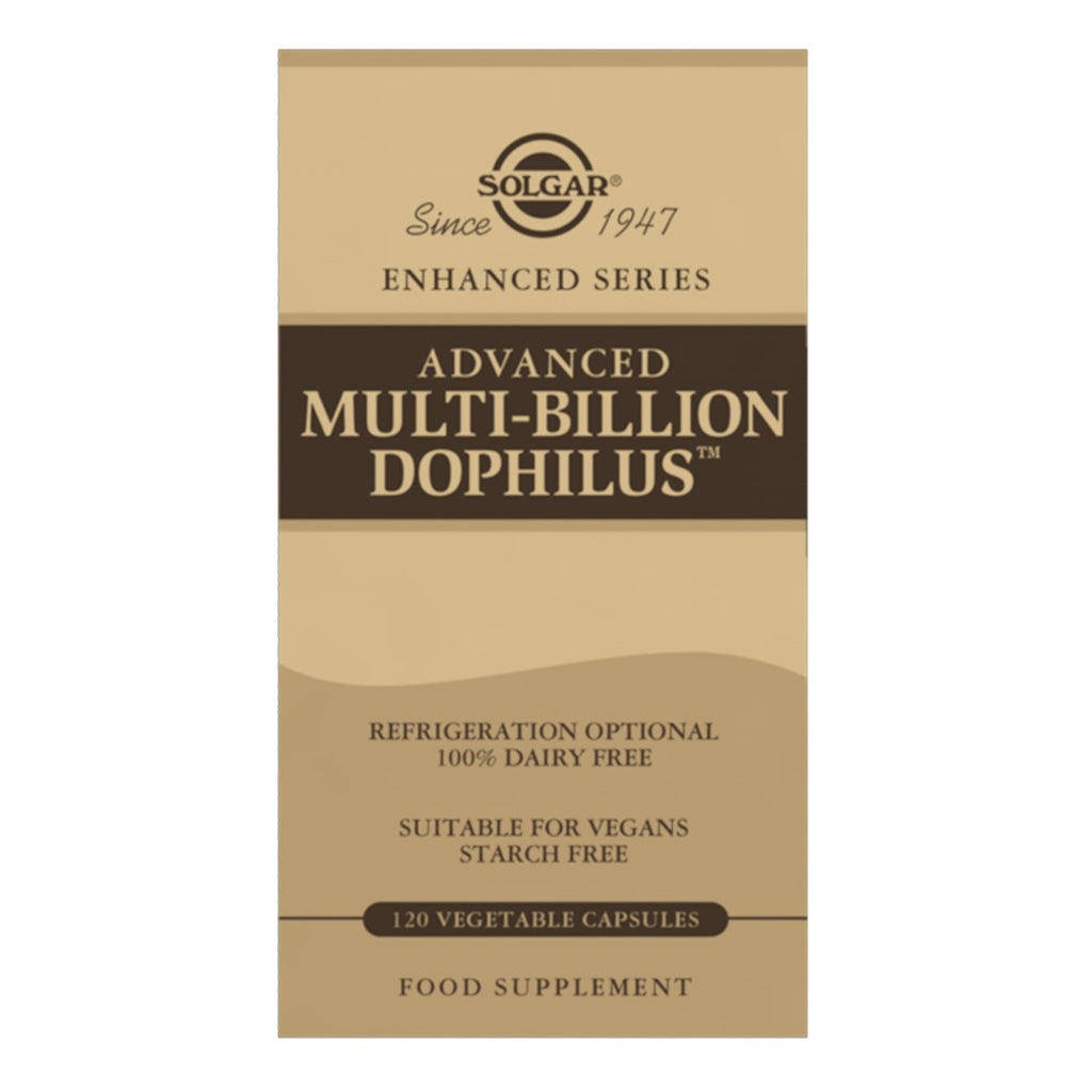 Solgar Advanced Multi-Billion Dophilus, 120 cápsulas vegetales: etiqueta con ingredientes y modo de empleo