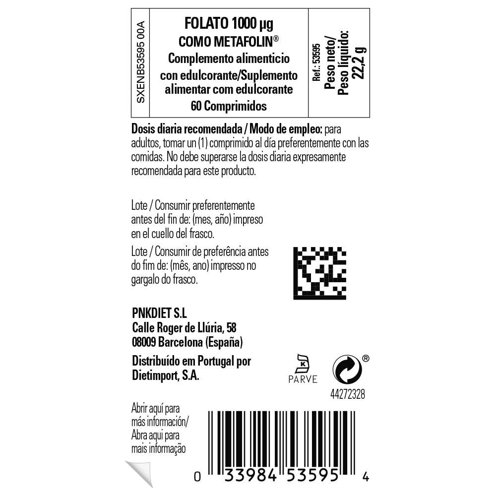 Solgar Folato 1000 µg (Metafolin®), 60 comprimidos: etiqueta con ingredientes y modo de empleo